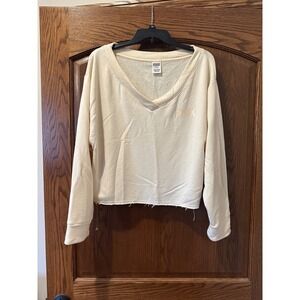 PINK Victoria's Secret Sweatshirt Raw Hem V Neck Pullover Top Beige Comfy